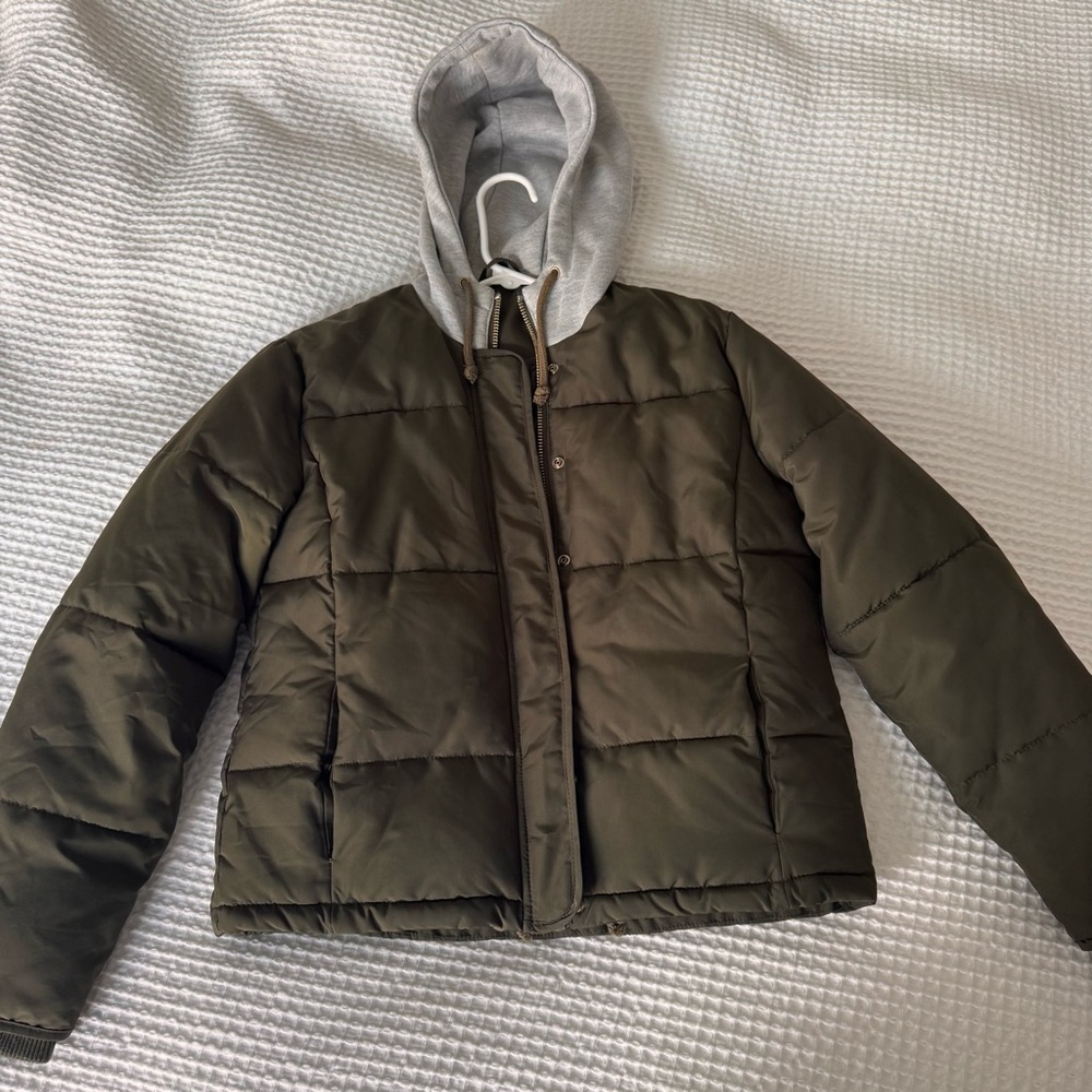 Topshop Olive Green Puffer Jacket with Gray Hood